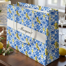 Sacola Para Presentes Grande Nome Monograma Aquarela Azulejo Azul Limão Amarelo