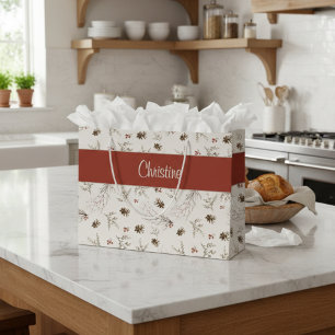 Sacola Para Presentes Grande Nome Monograma de Winterberry Floresta Boho Creme
