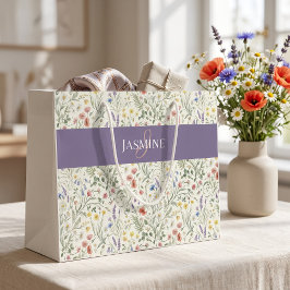 Sacola Para Presentes Grande Nome Monograma Flor Silvestre Boho Lavanda Papoula
