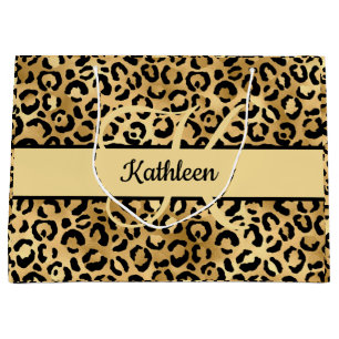 Sacola Para Presentes Grande Nome Monograma Preto Dourado Estampa Leopardo Guep