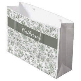 Sacola Para Presentes Grande Nome Monograma Toile Vintage Floral Verde Salvia