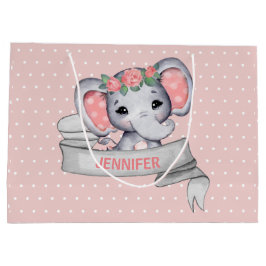 Sacola Para Presentes Grande Nome Personalizado Elefante Bebê Menina Rosa & Cin