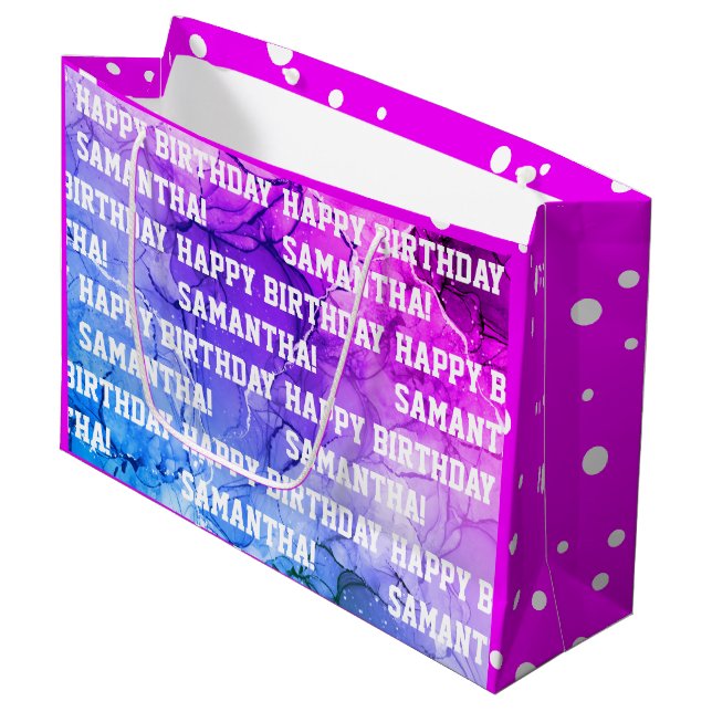 Sacola Para Presentes Grande Nome Personalizado Feliz Aniversário Rosa/Roxo Mar (Frente inclinada)