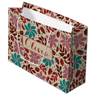 Sacola Para Presentes Grande Nome Personalizado Floral da Vintage de Natal