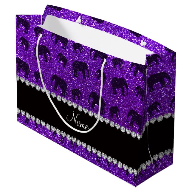 Sacola Para Presentes Grande Nome personalizado lefantes de glitter indigo roxo (Verso inclinado)