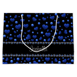 Sacola Para Presentes Grande Nome personalizado, padrão de brilho cardíaco azul