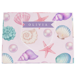 Sacola Para Presentes Grande Nome Personalizado Pastel Costeiro Concha Marinha