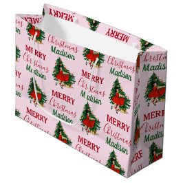 Sacola Para Presentes Grande Nome Personalizado Retro Christmas Girl Tree Rosa