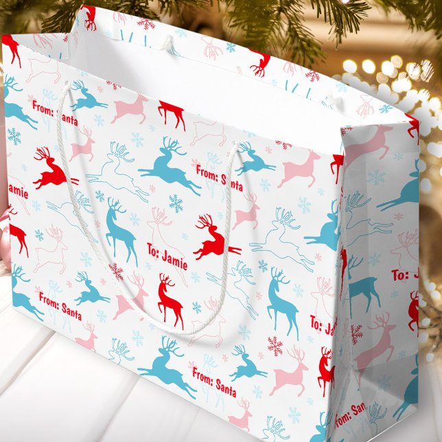 Sacola Para Presentes Grande Nome Personalizado Vermelho Azul Simples e Nórdico (Christmas Deer Nordic Simple Blue Red Custom Name Large Gift Bag)