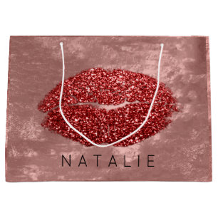 Sacola Para Presentes Grande Nome Red Kiss Lábios Glitter Rosa Makeup Artista