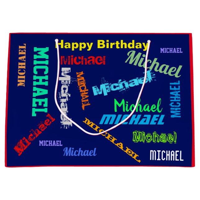 Sacola Para Presentes Grande NOME repetitivo Feliz Aniversário Azul Vermelho (Frente)