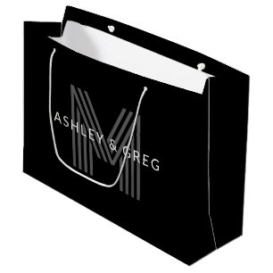 Sacola Para Presentes Grande Nome Retro Moderno Editável Monograma Preto e Cinz