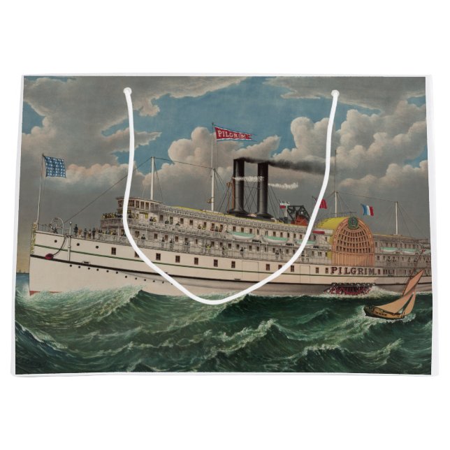 Sacola Para Presentes Grande NY Voyage Grand PaddleWheel Steamboat O Peregrino (Frente)