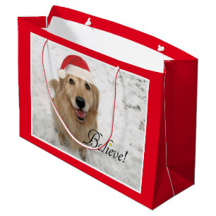 Sacola Para Presentes Grande O cão do golden retriever acredita o Natal