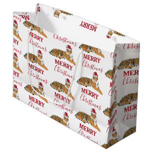 Sacola Para Presentes Grande O Tigre de Natal é um animal engraçado com o Papai