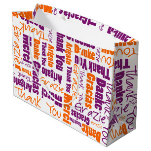 Sacola Para Presentes Grande Obrigado alaranjado roxo multilingue você exprime