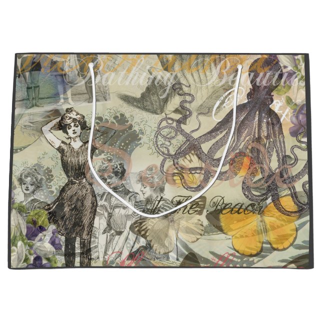 Sacola Para Presentes Grande Octopus Beach Antique Coastal Steampunk (Frente)