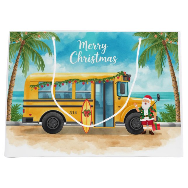 Sacola Para Presentes Grande Ônibus Escolar de Natal com Papai Noel  (Frente)