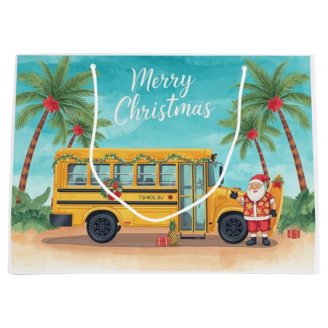 Sacola Para Presentes Grande Ônibus Escolar de Natal com Papai Noel  (Frente)