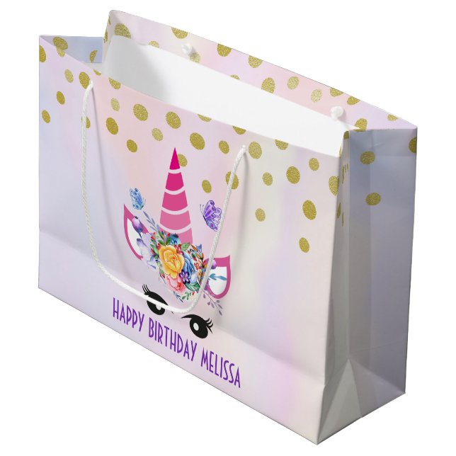 Sacola Para Presentes Grande Ontem, Trendy Pink Unicorn Confetti & Flowers (Frente inclinada)