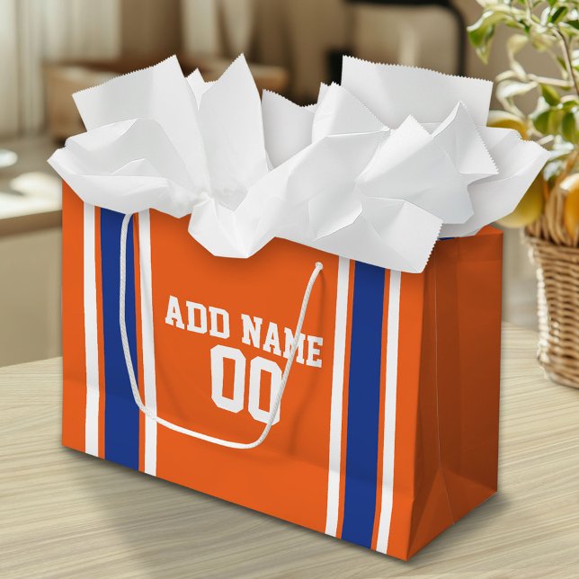 Sacola Para Presentes Grande Orange and Blue Sports Jersey Birthday e nome (Custom Gift Bag)