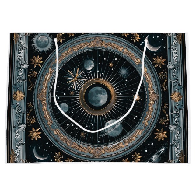 Sacola Para Presentes Grande Órbita Lunar Celestial Dourada com Astral Detalhad (Frente)