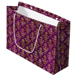 Sacola Para Presentes Grande Ornamental Purple & Gold Damask Pattern