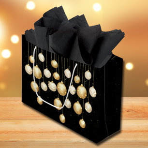 Sacola Para Presentes Grande Ornamentos de Árvore de Natal Dourados em Preto