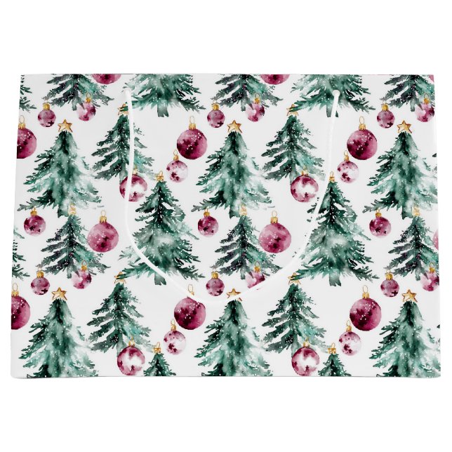 Sacola Para Presentes Grande Ornamentos de Árvores de Natal Verde Borgonha (Frente)