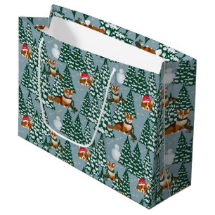 Sacola Para Presentes Grande Os Corgis decoram a árvore de Natal no azul da