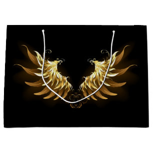 Sacola Para Presentes Grande Ouro Angel Wings sobre fundo preto