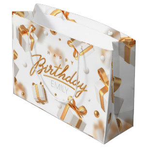 Sacola Para Presentes Grande Ouro personalizado de aniversário e listras branca
