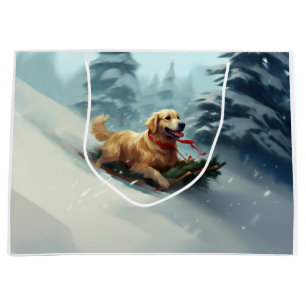 Sacola Para Presentes Grande Ouro Retriever Natal Inverno