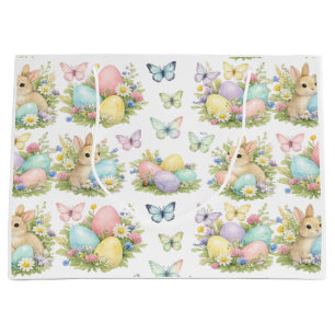 Sacola Para Presentes Grande Ovos e Coelhinhos de Páscoa em Pastel Flores e Bor