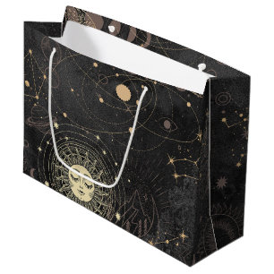 Sacola Para Presentes Grande Padrão Astrológico Dourado Preto