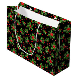 Sacola Para Presentes Grande Padrão Clássico de Berries Vermelhos Holly Vermelh