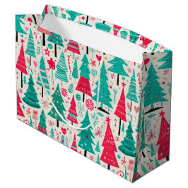 Sacola Para Presentes Grande Padrão Colorido da Árvore de Natal Desenhada à Mão