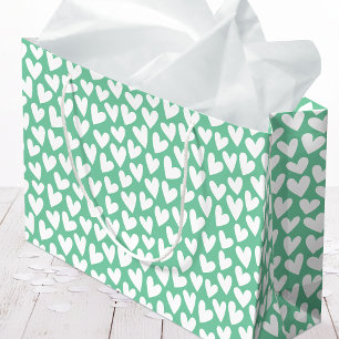 Sacola Para Presentes Grande Padrão Coração de Amor Bonito Branco Hortelã Dia d