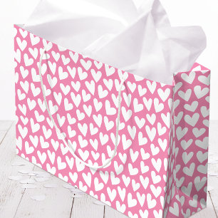 Sacola Para Presentes Grande Padrão Coração de Amor Bonito Rosa Branco Dia dos