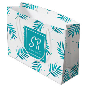 Sacola Para Presentes Grande Padrão das folhas tropicais azuis-verdes