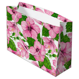 Sacola Para Presentes Grande Padrão de aquarela de hibisco rosa
