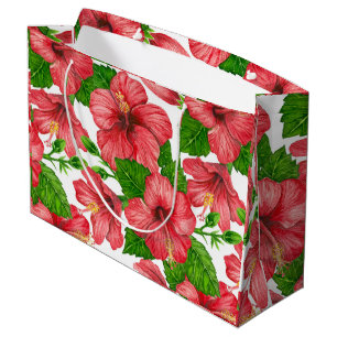 Sacola Para Presentes Grande Padrão de aquarela de hibisco vermelho