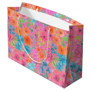 Sacola Para Presentes Grande Padrão de aquarelas flóricas a rosa