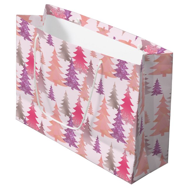 Sacola Para Presentes Grande Padrão de Árvore de Natal Linear e Rosa Brilhante (Frente inclinada)