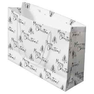 Sacola Para Presentes Grande Padrão de Árvore de Natal Merry Preto Elegante