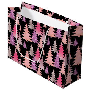 Sacola Para Presentes Grande Padrão de Árvore de Natal Preta Rosa-Brilhante