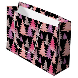 Sacola Para Presentes Grande Padrão de árvore de Natal preto rosa brilhante