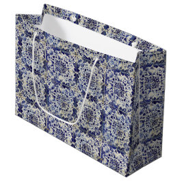 Sacola Para Presentes Grande Padrão de Azulejo Branco Geométrico Azul Vintage