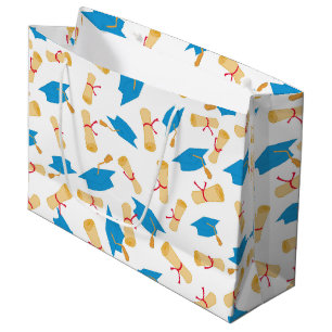 Sacola Para Presentes Grande Padrão de Boné e Diploma de Formando Azul