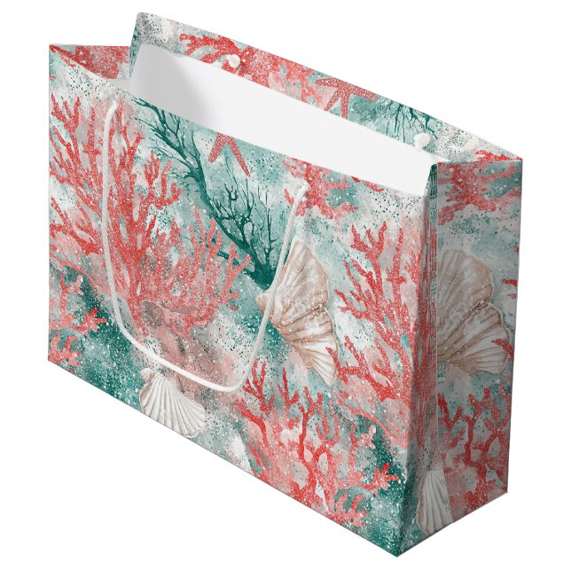 Sacola Para Presentes Grande Padrão de Conchas Marinhas Boho Costeira (Frente inclinada)